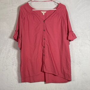 Terra & Sky Pink Cotton Button-Up Blouse 1X